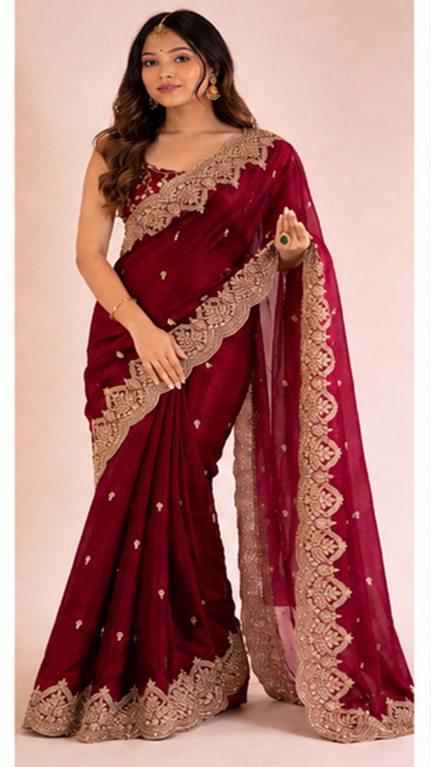 Luxury Wine Red Designer Saree with Heavy Embroidered Border
