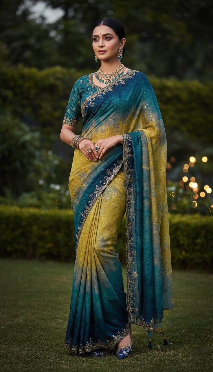 Elegant Teal & Mustard Ombre Designer Saree with Embroidered Border